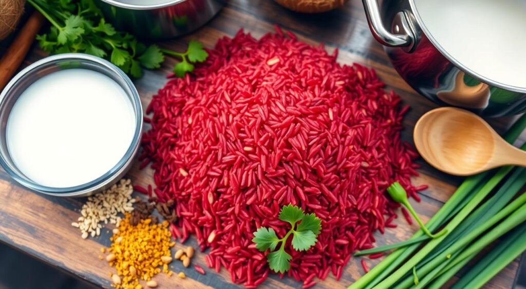 Red Rice Cooking Ingredients and Tools